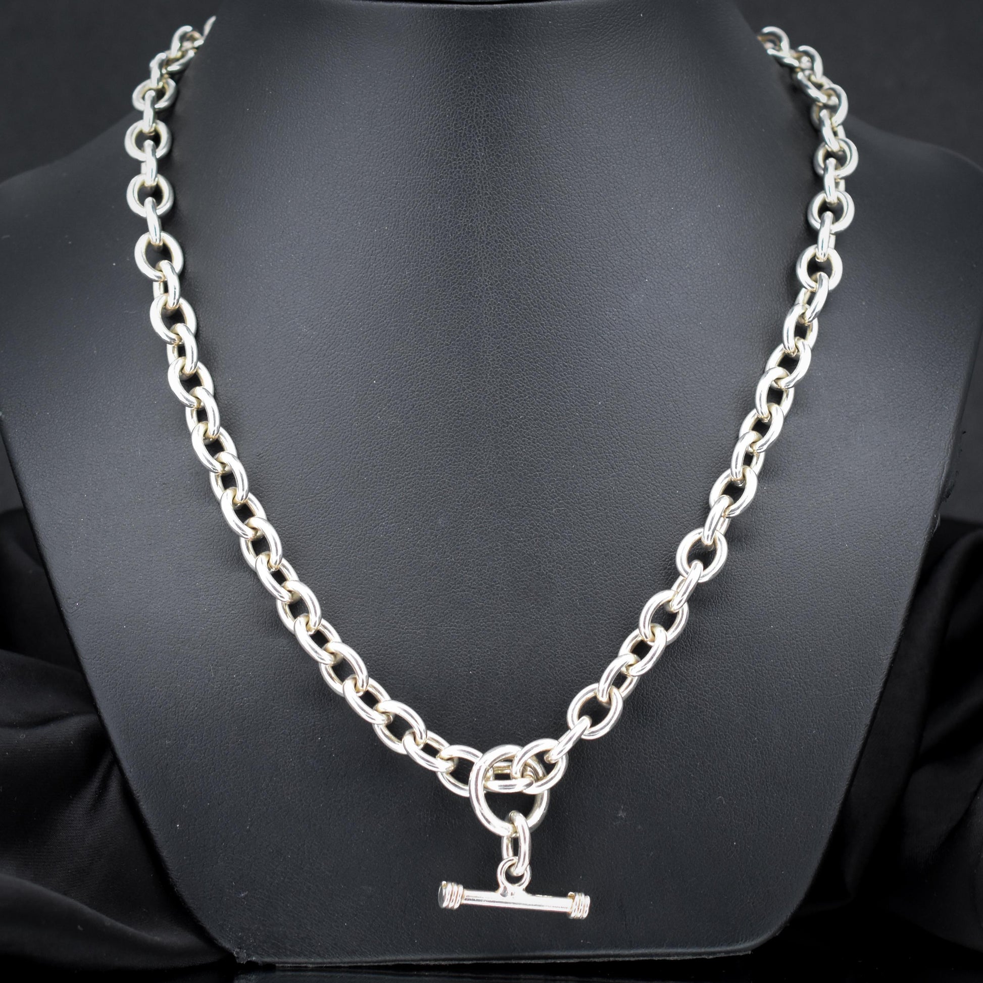 Vintage Sterling Silver Cable Link Watch Chain Necklace with T-Bar and Dog Clips – 19"