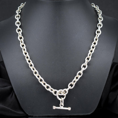 Vintage Sterling Silver Cable Link Watch Chain Necklace with T-Bar and Dog Clips – 19"