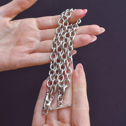 Vintage Sterling Silver Cable Link Watch Chain Necklace with T-Bar and Dog Clips – 19"