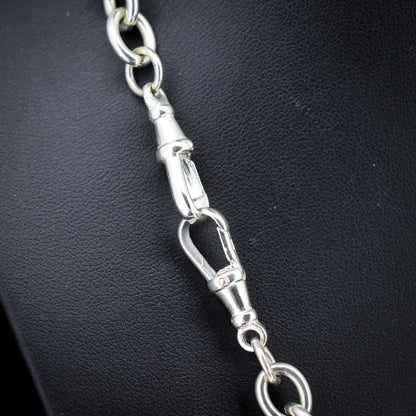 Vintage Sterling Silver Cable Link Watch Chain Necklace with T-Bar and Dog Clips – 19"