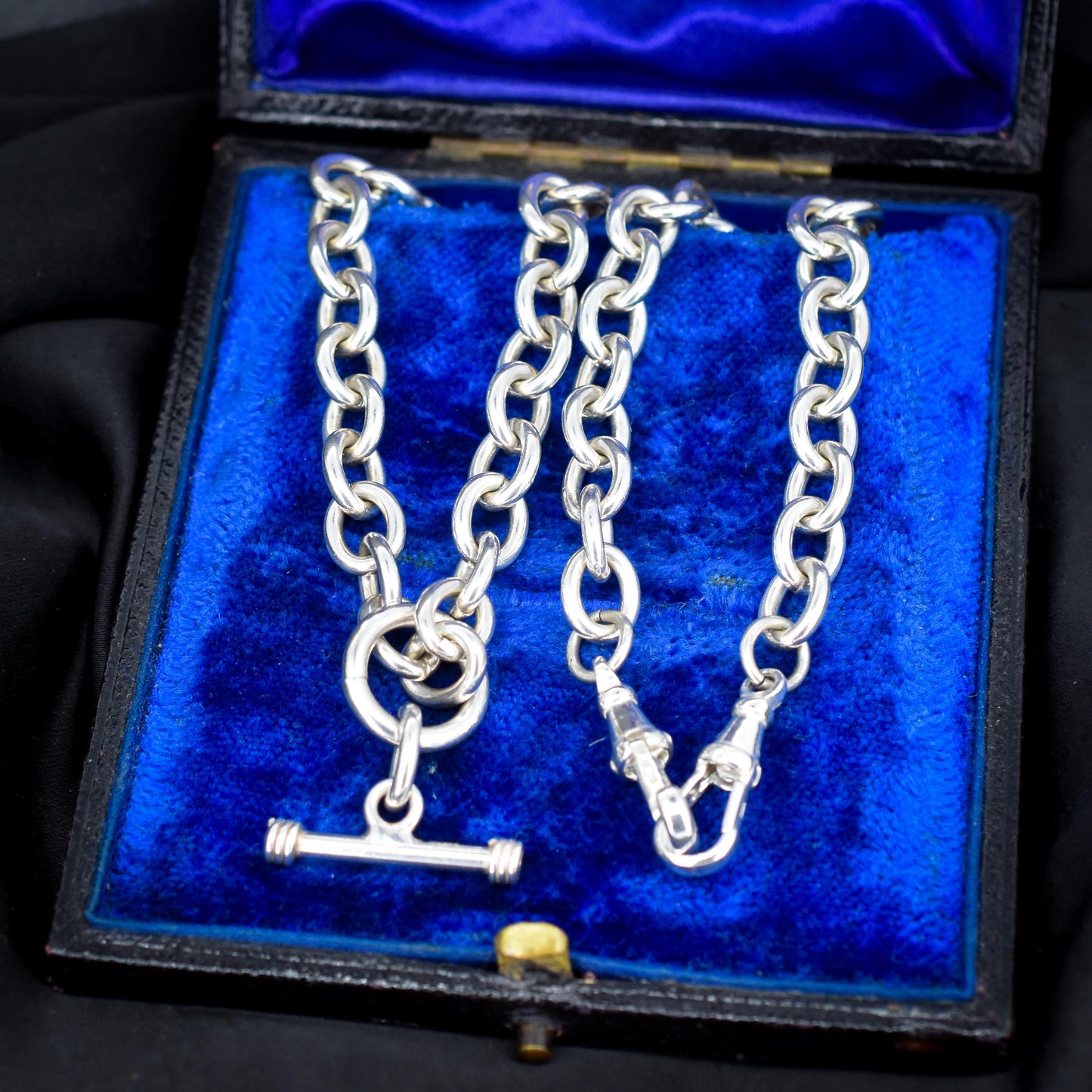 Vintage Sterling Silver Cable Link Watch Chain Necklace with T-Bar and Dog Clips – 19"
