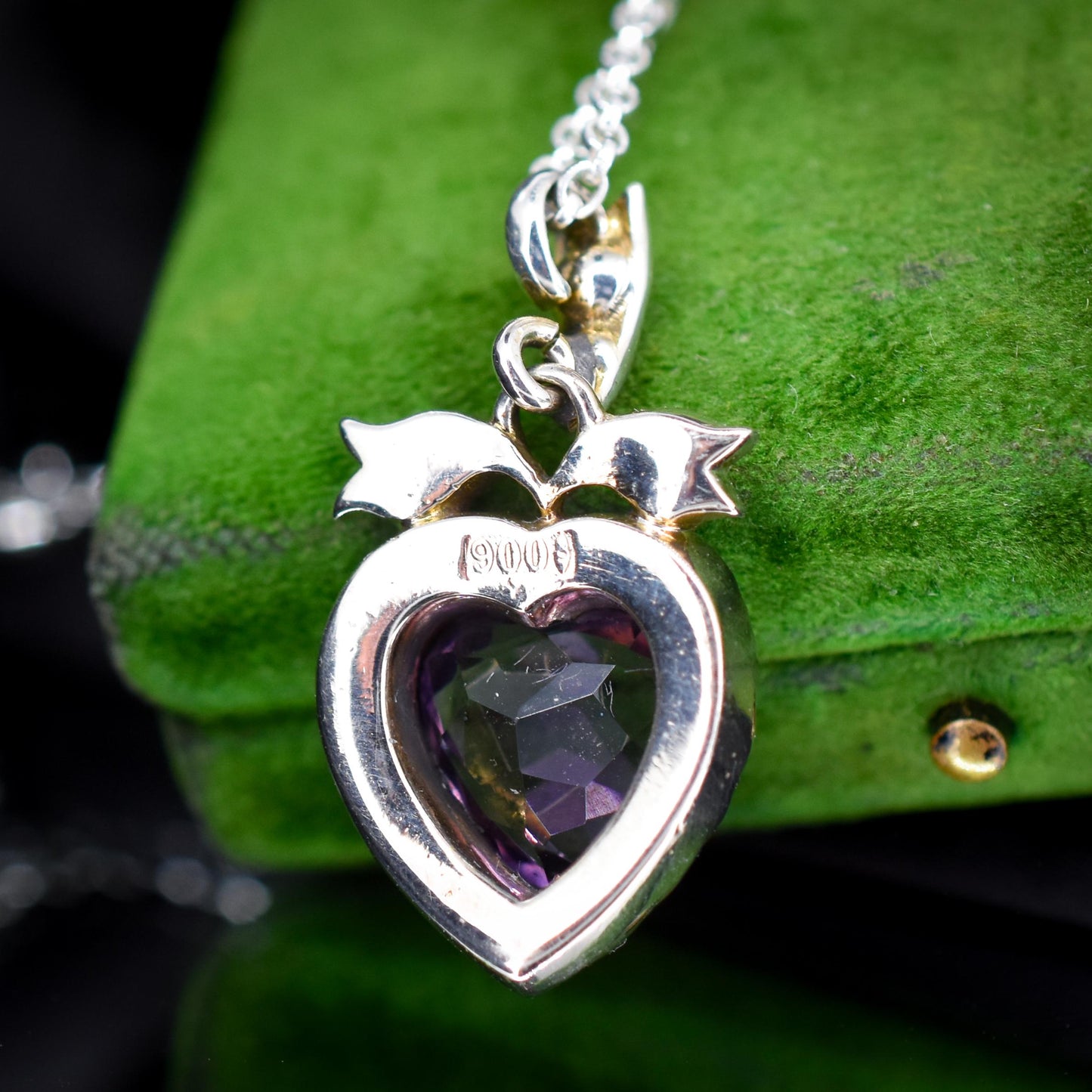 Antique Amethyst Old Cut Paste Silver Heart Pendant Necklace | 18"