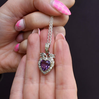 Antique Amethyst Old Cut Paste Silver Heart Pendant Necklace | 18"