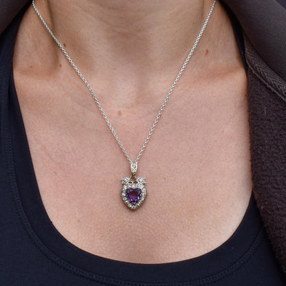 Antique Amethyst Old Cut Paste Silver Heart Pendant Necklace | 18"