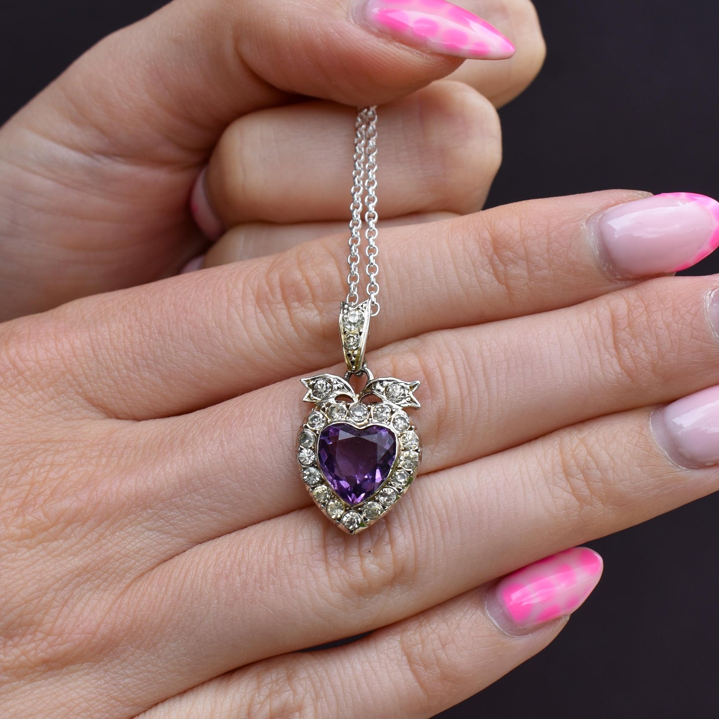 Antique Amethyst Old Cut Paste Silver Heart Pendant Necklace | 18"