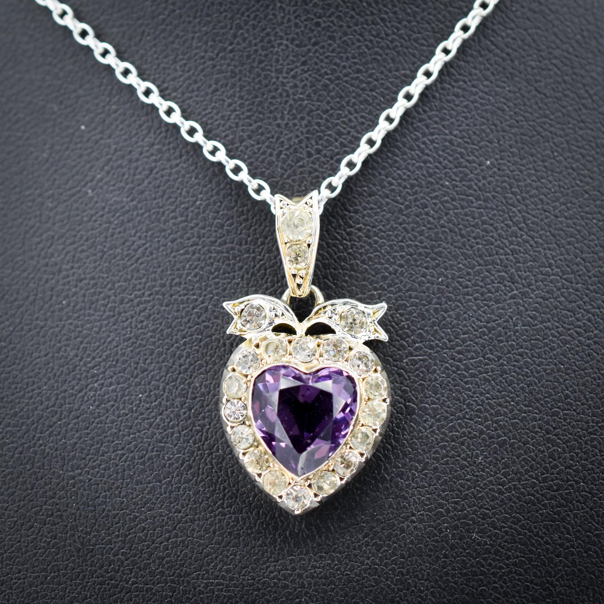 Antique Amethyst Old Cut Paste Silver Heart Pendant Necklace | 18"