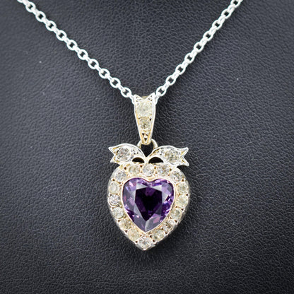 Antique Amethyst Old Cut Paste Silver Heart Pendant Necklace | 18"