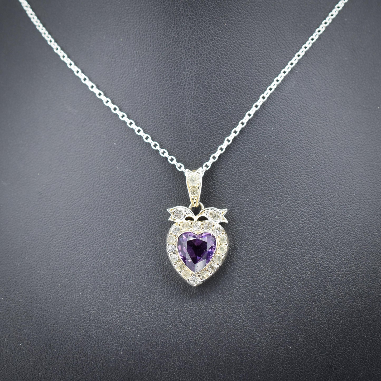 Antique Amethyst Old Cut Paste Silver Heart Pendant Necklace | 18"