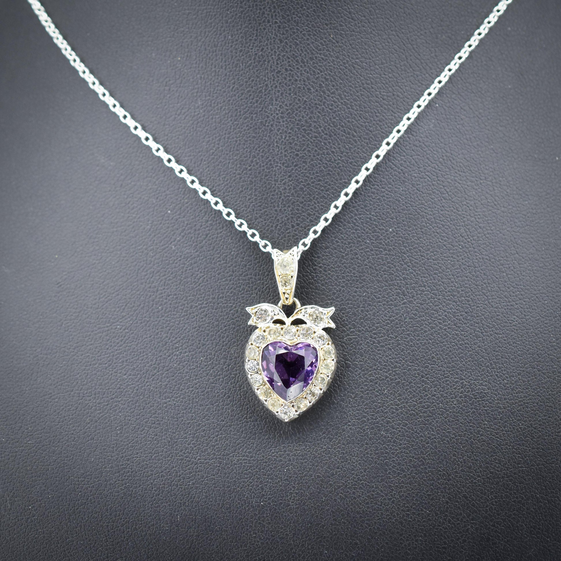 Antique Amethyst Old Cut Paste Silver Heart Pendant Necklace | 18"