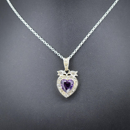 Antique Amethyst Old Cut Paste Silver Heart Pendant Necklace | 18"