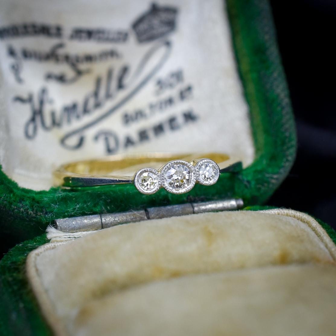 Antique Old Cut Diamond Bezel Set Three Stone 18ct Yellow Gold Ring