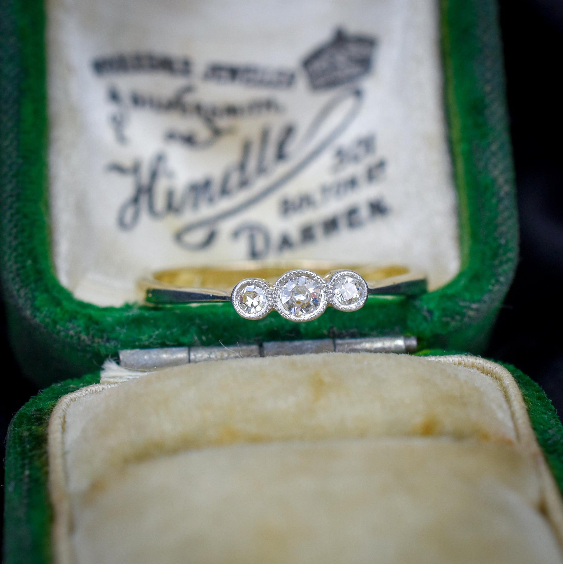 Antique Old Cut Diamond Bezel Set Three Stone 18ct Yellow Gold Ring