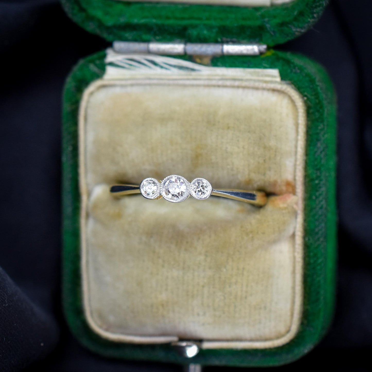 Antique Old Cut Diamond Bezel Set Three Stone 18ct Yellow Gold Ring