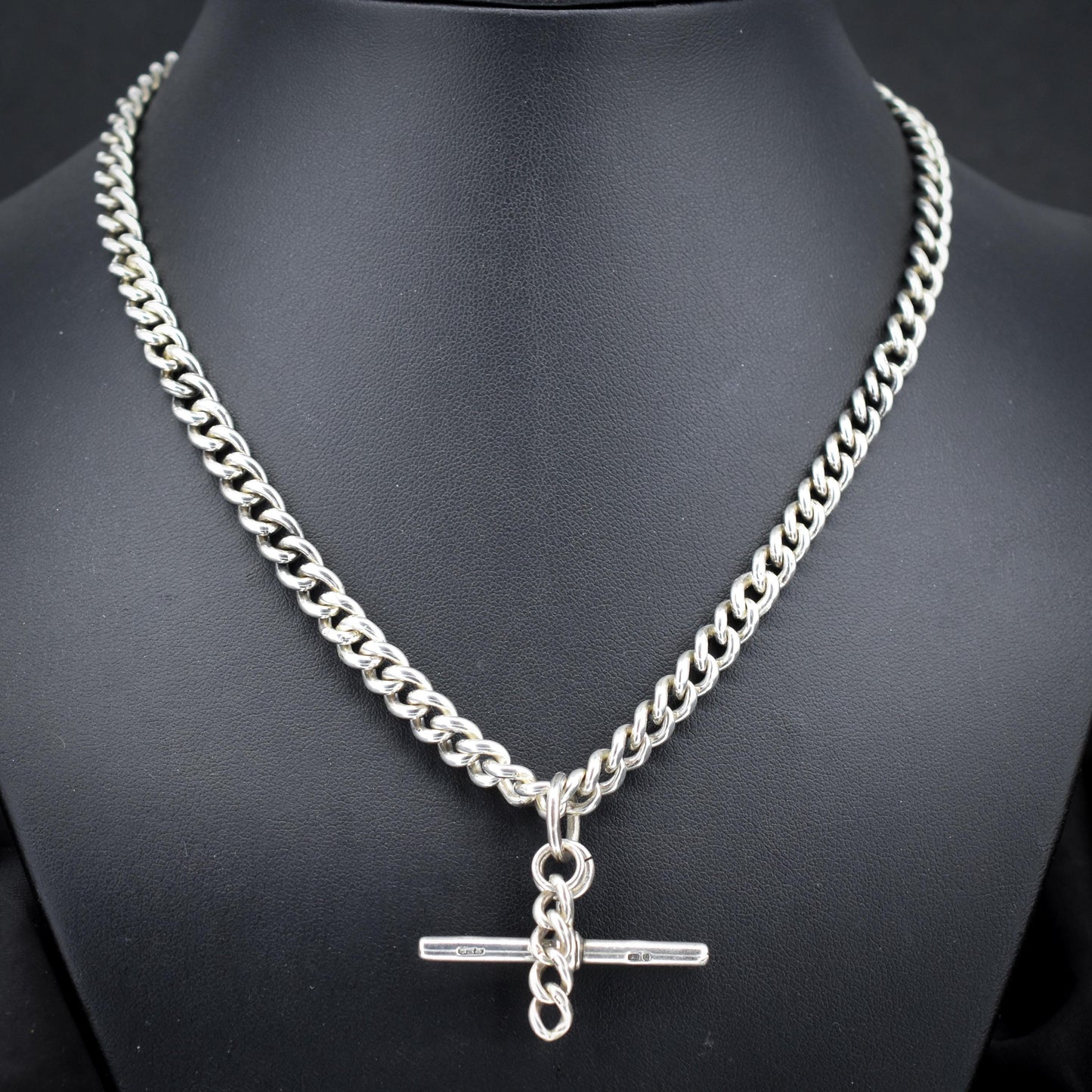 Antique 20.5" Sterling Silver Uniform Curb Link Chain Necklace with Double Dog Clip and T-bar