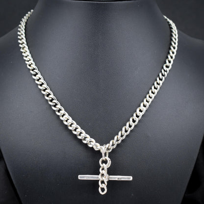 Antique 20.5" Sterling Silver Uniform Curb Link Chain Necklace with Double Dog Clip and T-bar