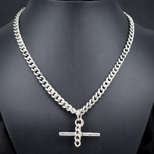 Antique 20.5" Sterling Silver Uniform Curb Link Chain Necklace with Double Dog Clip and T-bar