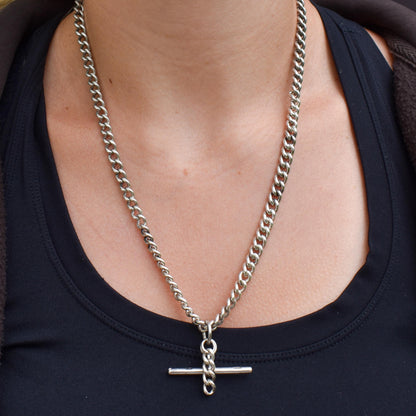 Antique 20.5" Sterling Silver Uniform Curb Link Chain Necklace with Double Dog Clip and T-bar