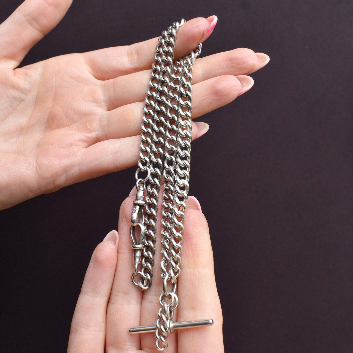Antique 20.5" Sterling Silver Uniform Curb Link Chain Necklace with Double Dog Clip and T-bar