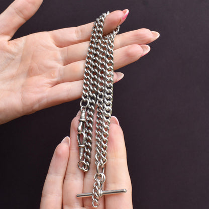 Antique 20.5" Sterling Silver Uniform Curb Link Chain Necklace with Double Dog Clip and T-bar