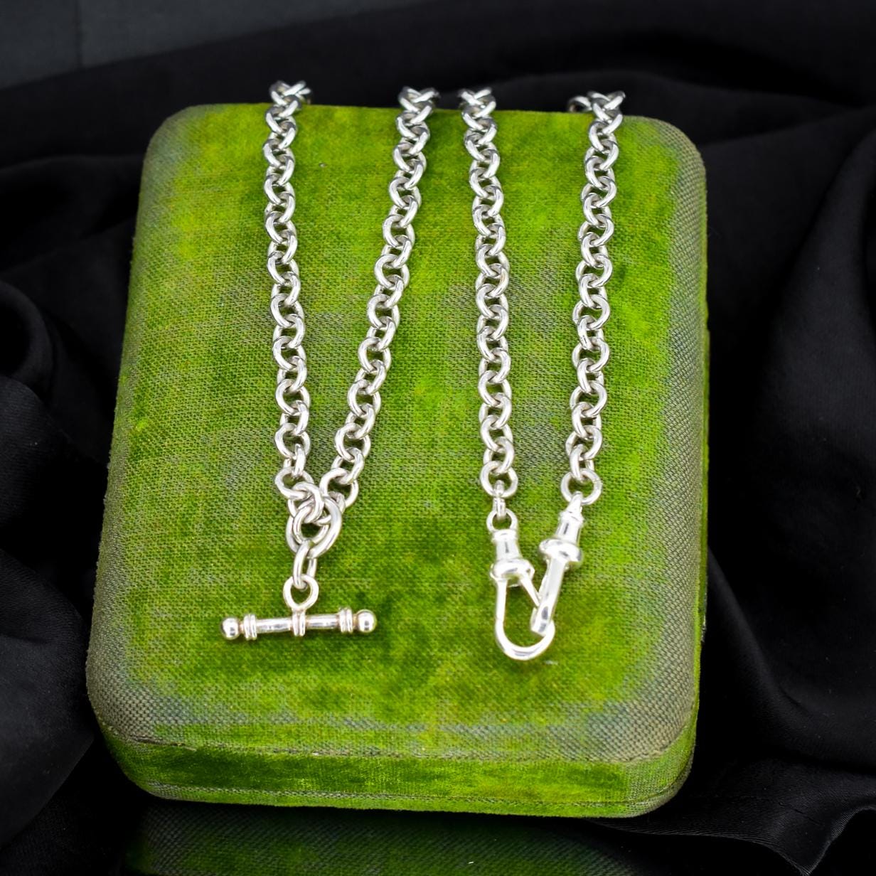 Vintage Sterling Silver Rolo Round Link Watch Chain Necklace with T-Bar and Dog Clips – 18"