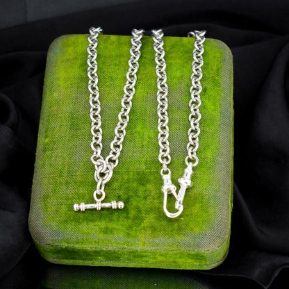Vintage Sterling Silver Rolo Round Link Watch Chain Necklace with T-Bar and Dog Clips – 18"
