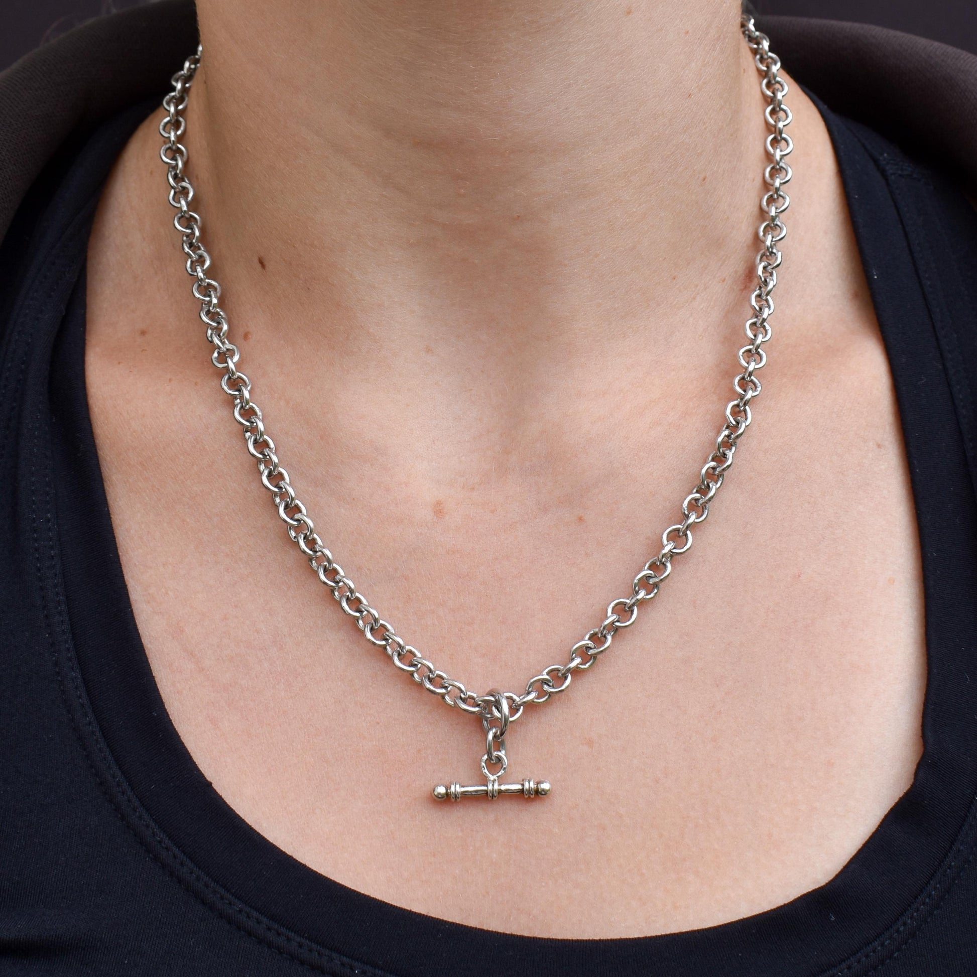 Vintage Sterling Silver Rolo Round Link Watch Chain Necklace with T-Bar and Dog Clips – 18"