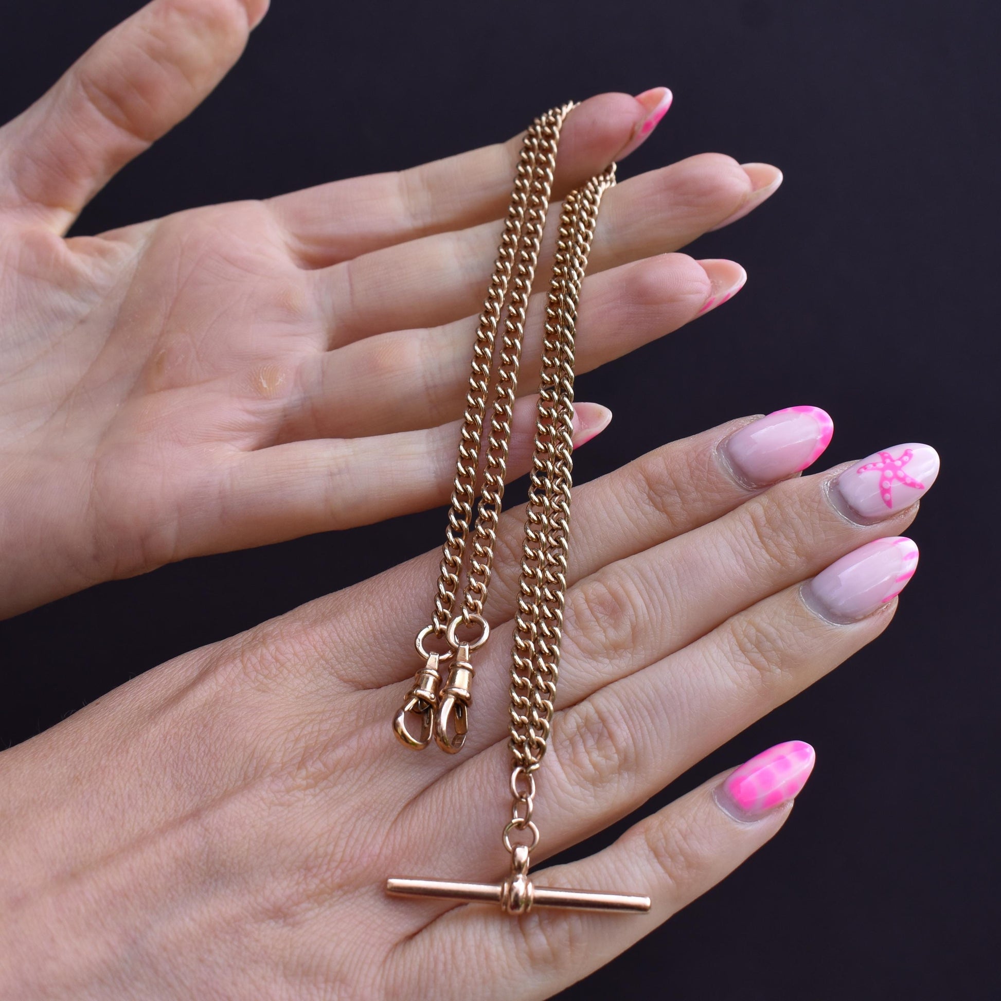 Vintage 20" 9ct Rose Gold Curb Link Double Albert Watch Chain Necklace