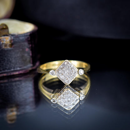 Antique Art Deco Diamond Square Cluster 18ct Yellow Gold and Platinum Ring