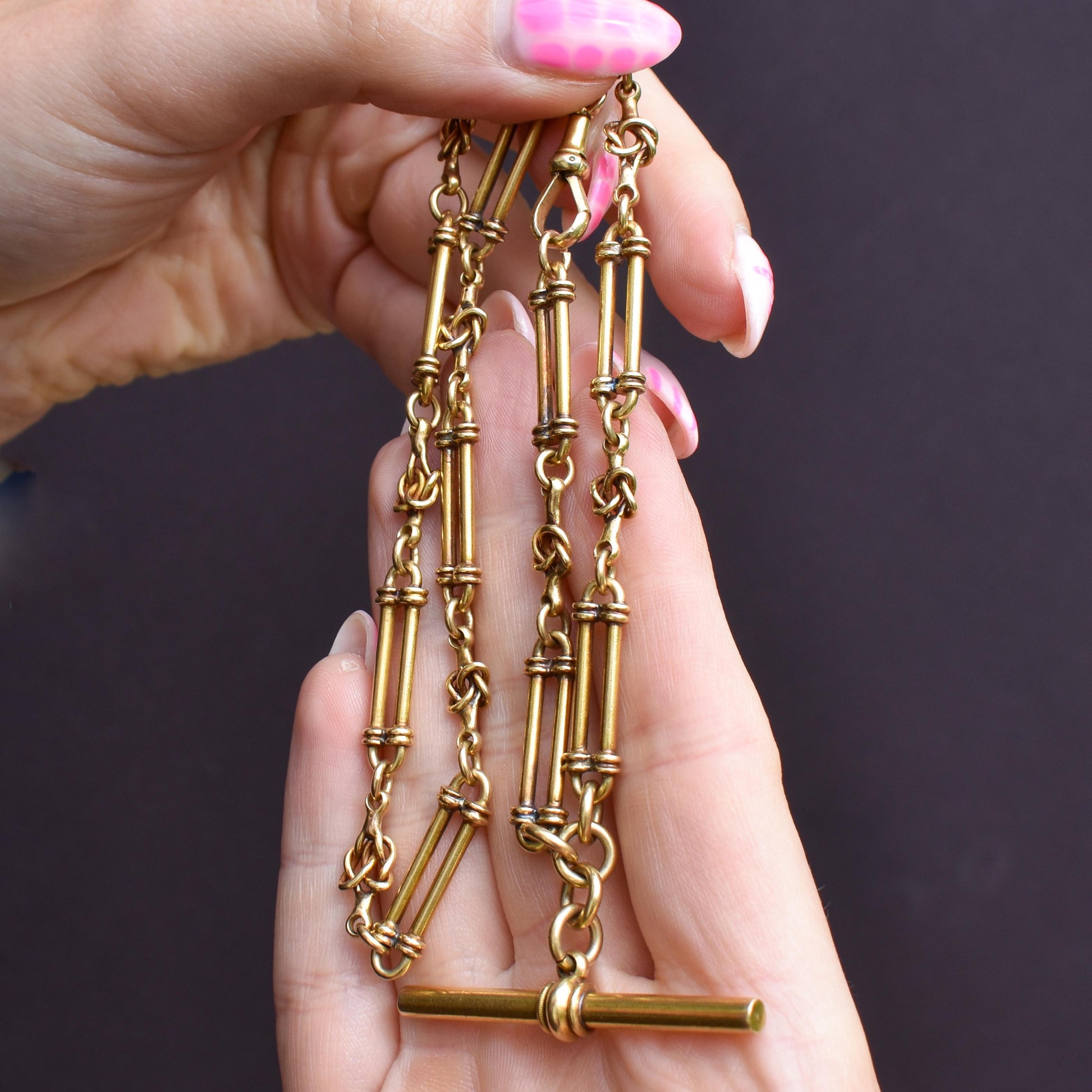 Antique 17" 18ct Yellow Gold Trombone and Love Knot Albert Chain Necklace