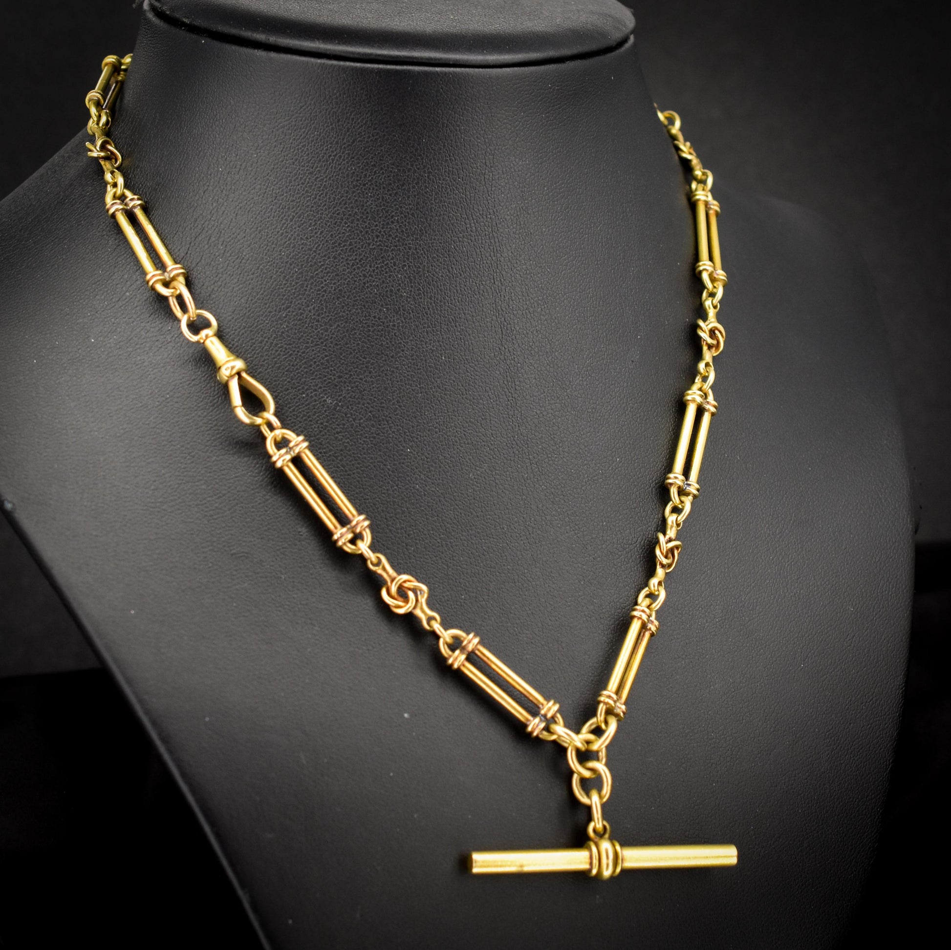 Antique 17" 18ct Yellow Gold Trombone and Love Knot Albert Chain Necklace
