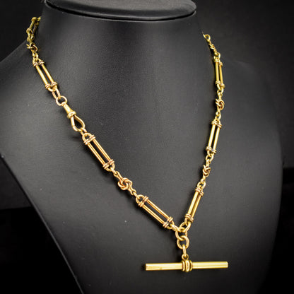 Antique 17" 18ct Yellow Gold Trombone and Love Knot Albert Chain Necklace