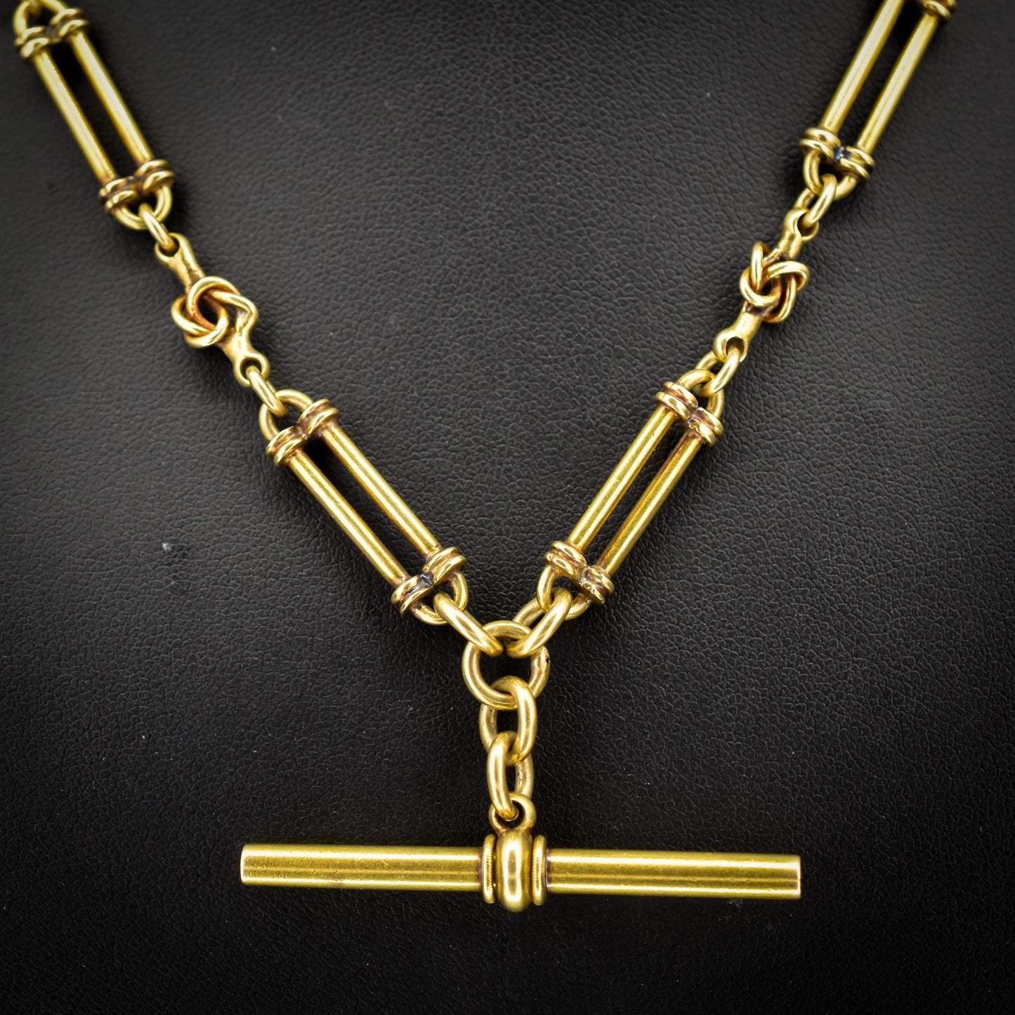 Antique 17" 18ct Yellow Gold Trombone and Love Knot Albert Chain Necklace