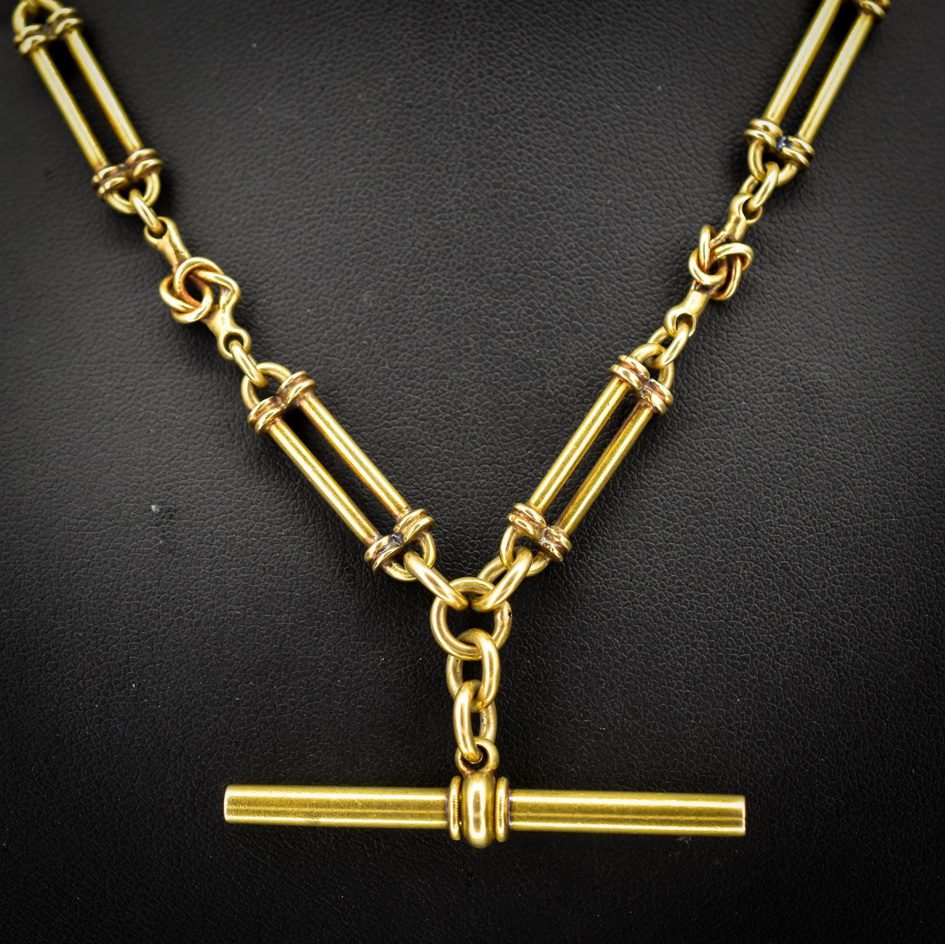 Antique 17" 18ct Yellow Gold Trombone and Love Knot Albert Chain Necklace