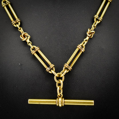 Antique 17" 18ct Yellow Gold Trombone and Love Knot Albert Chain Necklace