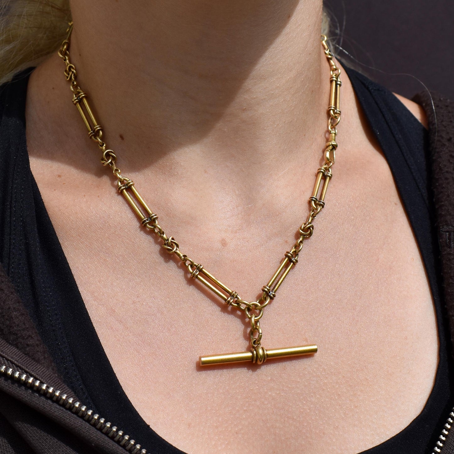 Antique 17" 18ct Yellow Gold Trombone and Love Knot Albert Chain Necklace