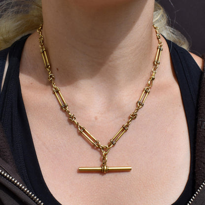 Antique 17" 18ct Yellow Gold Trombone and Love Knot Albert Chain Necklace