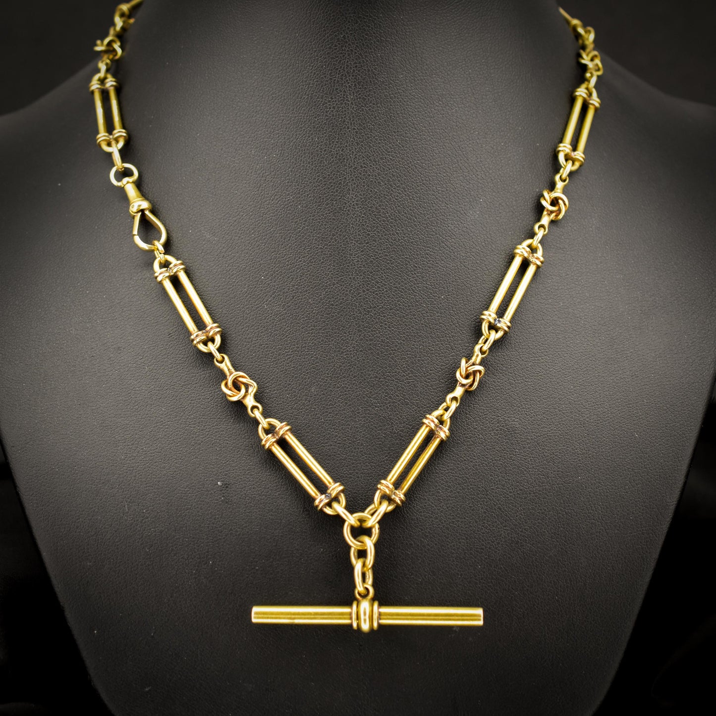 Antique 17" 18ct Yellow Gold Trombone and Love Knot Albert Chain Necklace