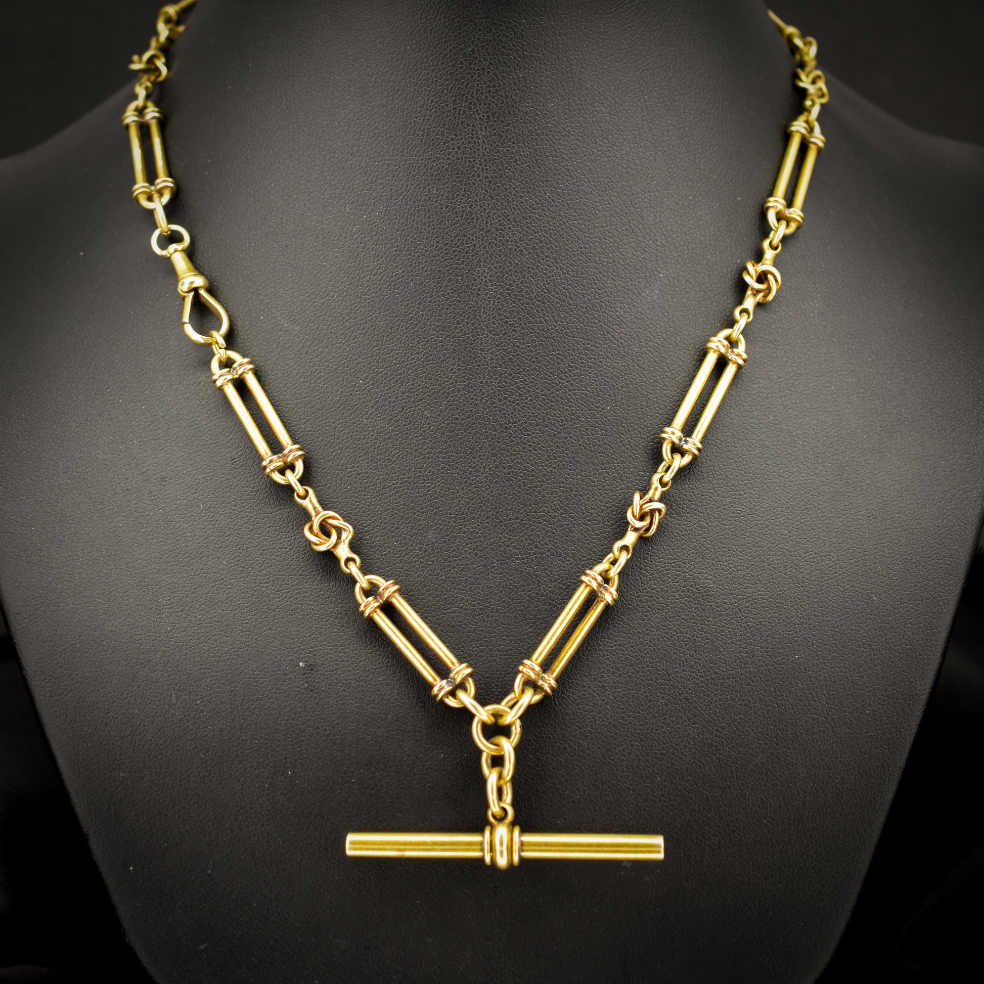 Antique 17" 18ct Yellow Gold Trombone and Love Knot Albert Chain Necklace