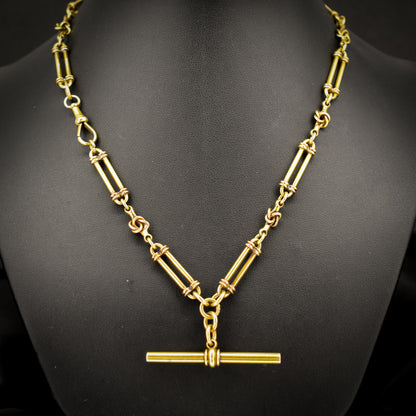 Antique 17" 18ct Yellow Gold Trombone and Love Knot Albert Chain Necklace