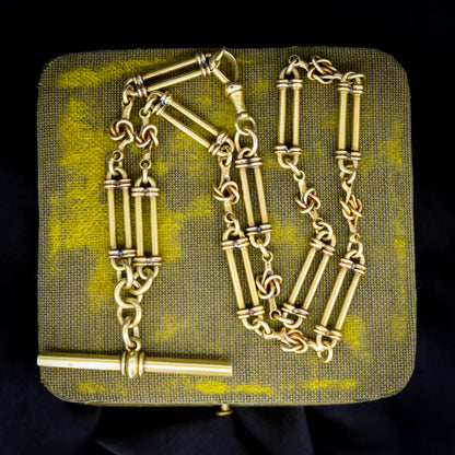 Antique 17" 18ct Yellow Gold Trombone and Love Knot Albert Chain Necklace
