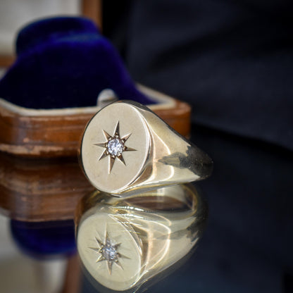 Vintage Starburst Diamond Oval 9ct Yellow Gold Signet Ring | Dated 1983
