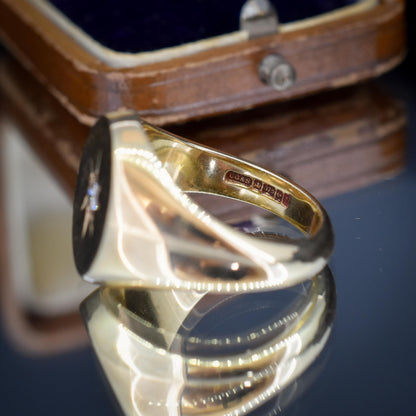 Vintage Starburst Diamond Oval 9ct Yellow Gold Signet Ring | Dated 1983