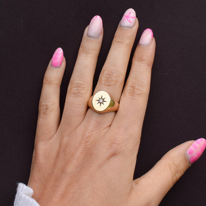 Vintage Starburst Diamond Oval 9ct Yellow Gold Signet Ring | Dated 1983