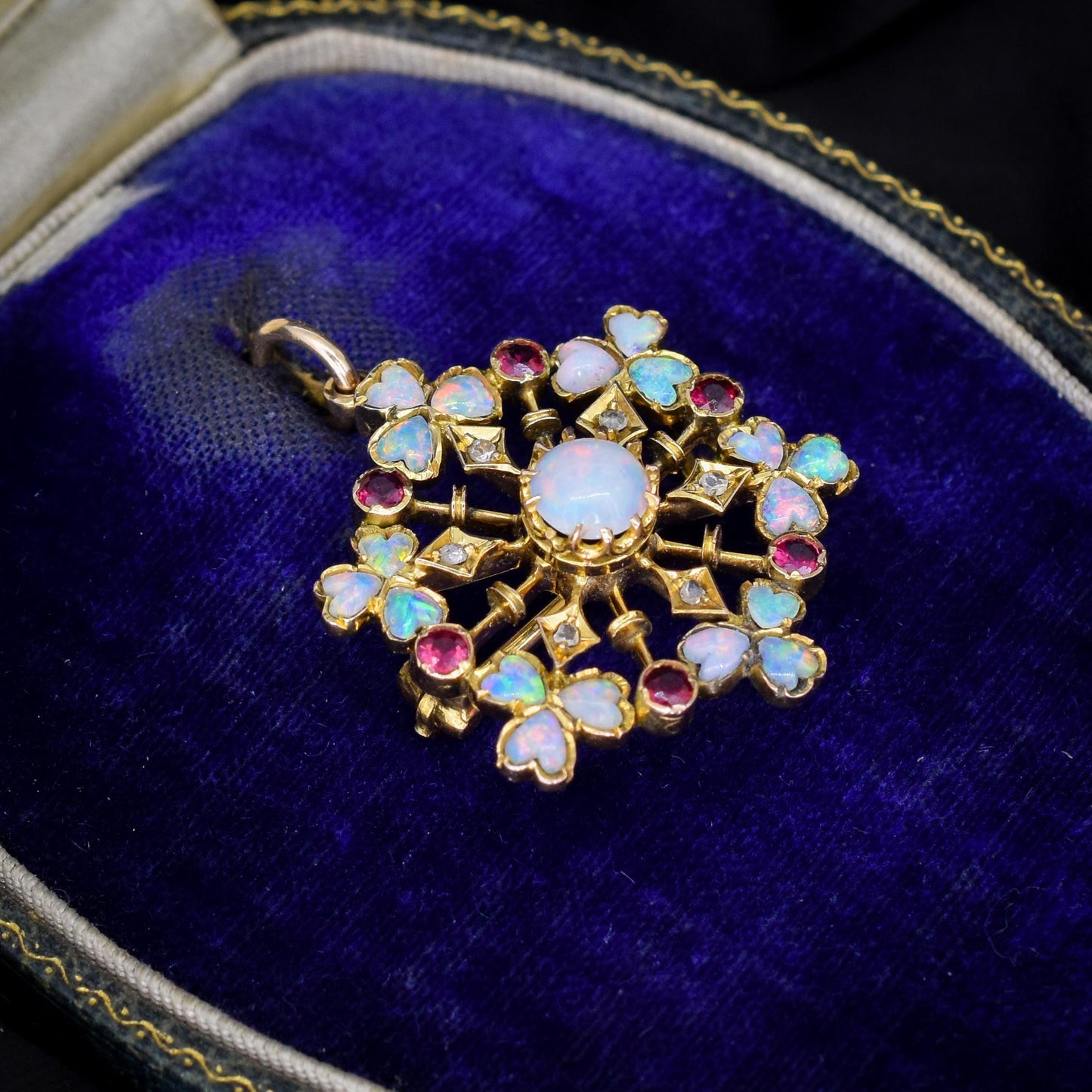 Antique Natural Opal Ruby and Diamond Flower Brooch and Pendant