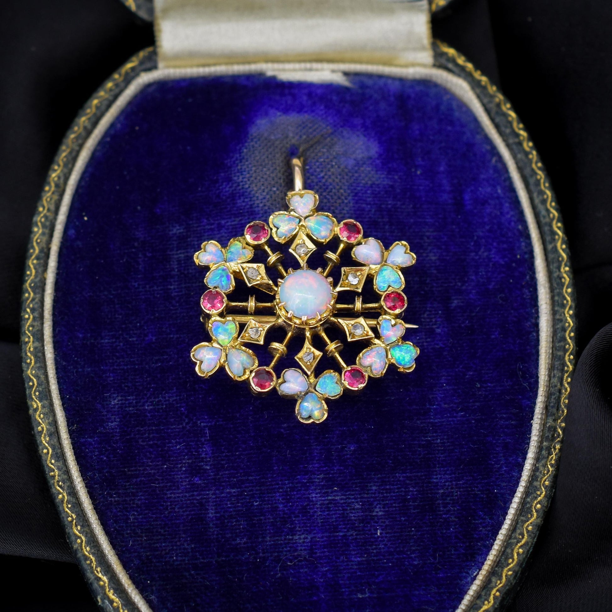 Antique Natural Opal Ruby and Diamond Flower Brooch and Pendant