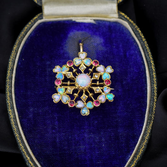 Antique Natural Opal Ruby and Diamond Flower Brooch and Pendant