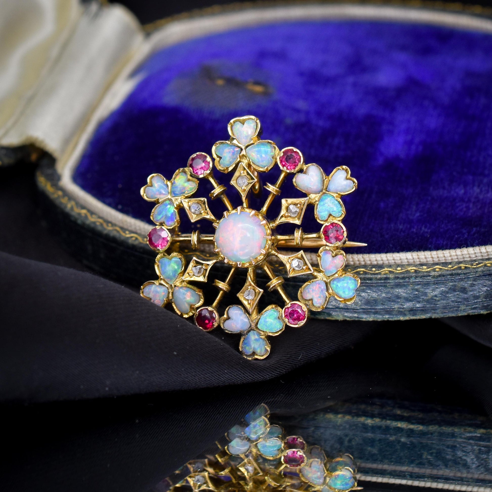 Antique Natural Opal Ruby and Diamond Flower Brooch and Pendant