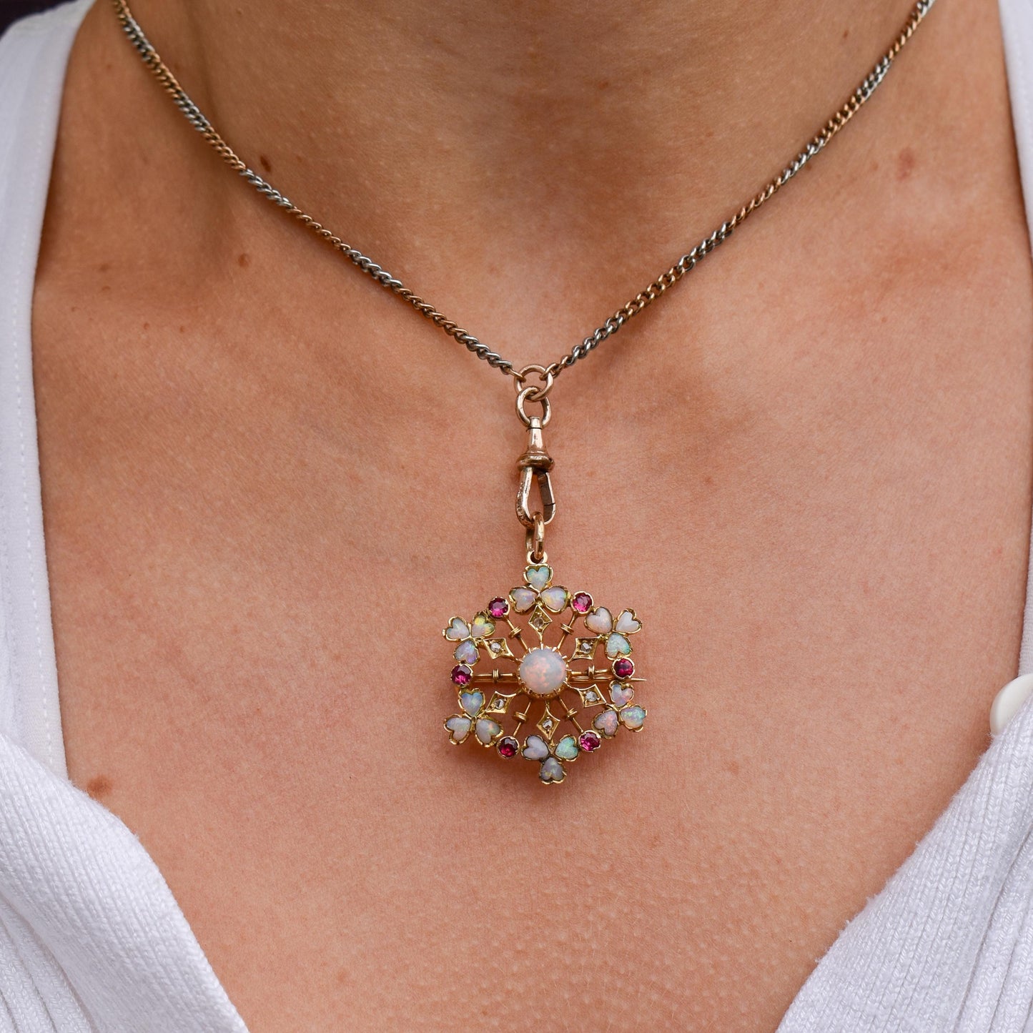 Antique Natural Opal Ruby and Diamond Flower Brooch and Pendant