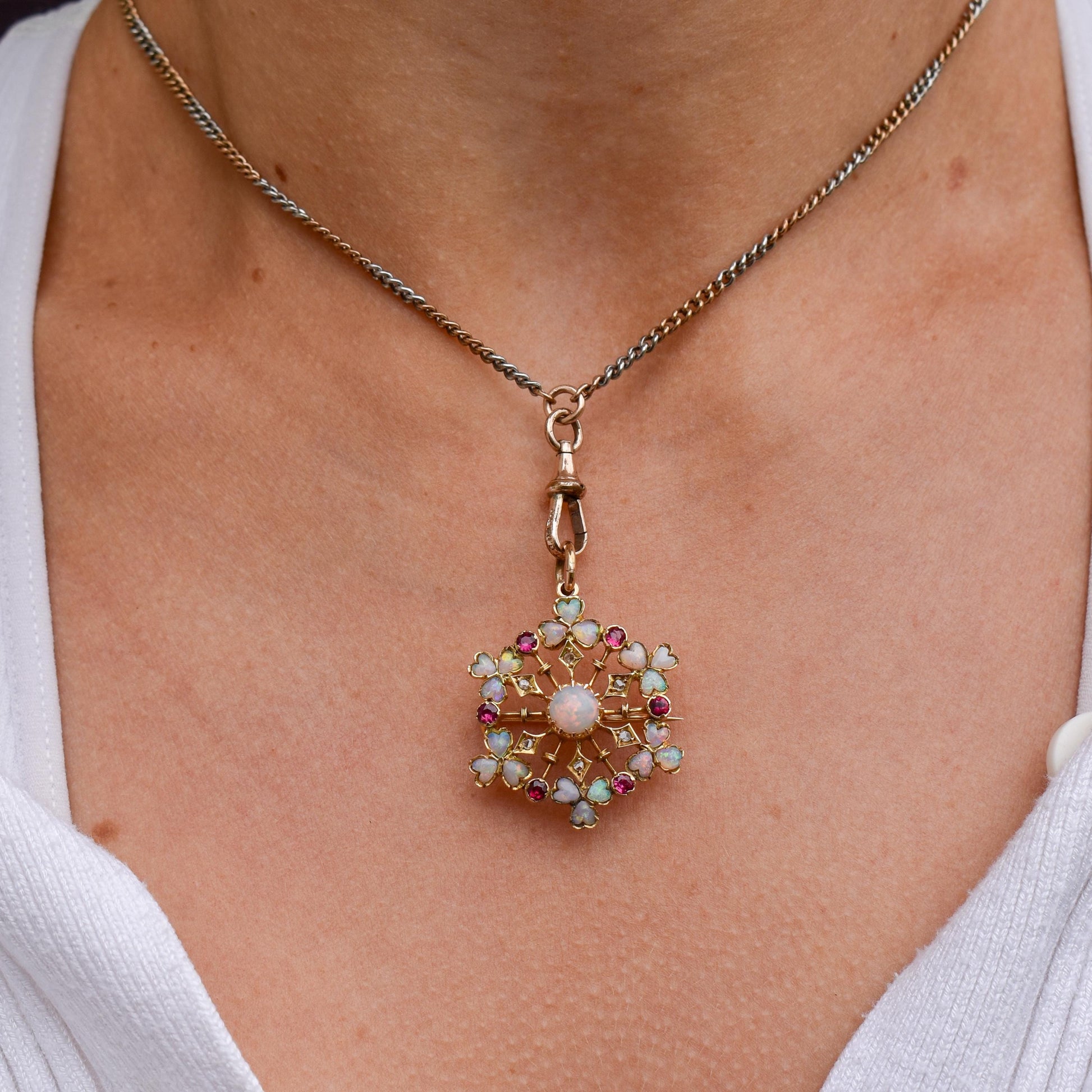 Antique Natural Opal Ruby and Diamond Flower Brooch and Pendant