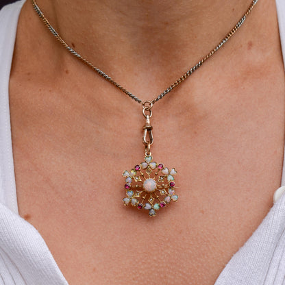 Antique Natural Opal Ruby and Diamond Flower Brooch and Pendant
